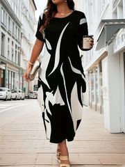  Abstract Print Short Sleeve Round Neck Baggy Dress