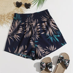 Tropical Print Smocked Waist Shorts Women's Casual Shorts