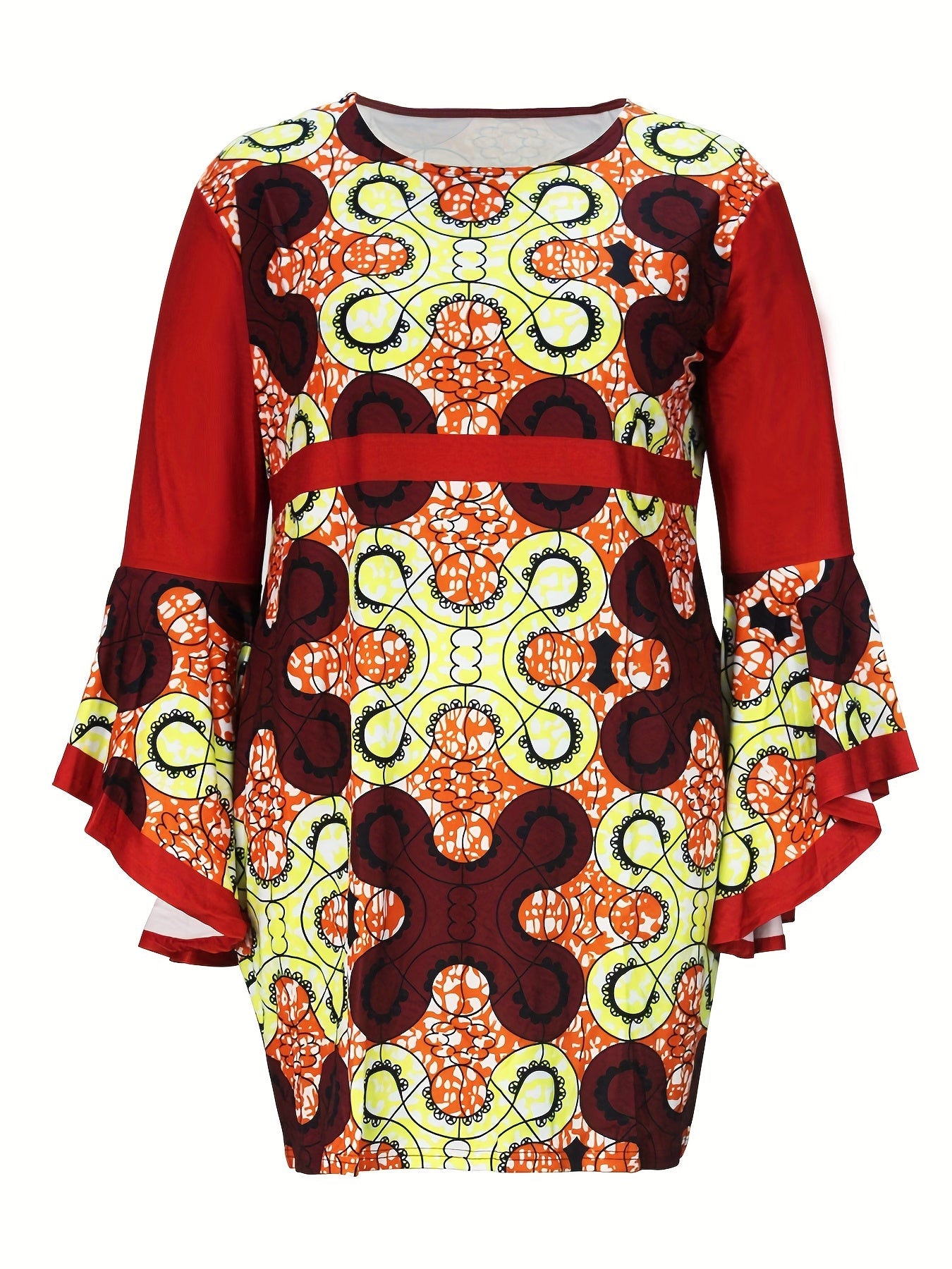  Geometric Print Bell Sleeve Round Neck Dress