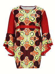  Geometric Print Bell Sleeve Round Neck Dress