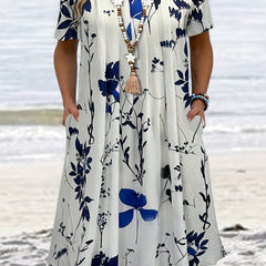 Floral Print Short Sleeve Plus Size Casual Dress with Pockets
