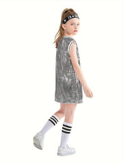 Girls Sequin Sleeveless T shirt Dress Socks Set For Dance Performance