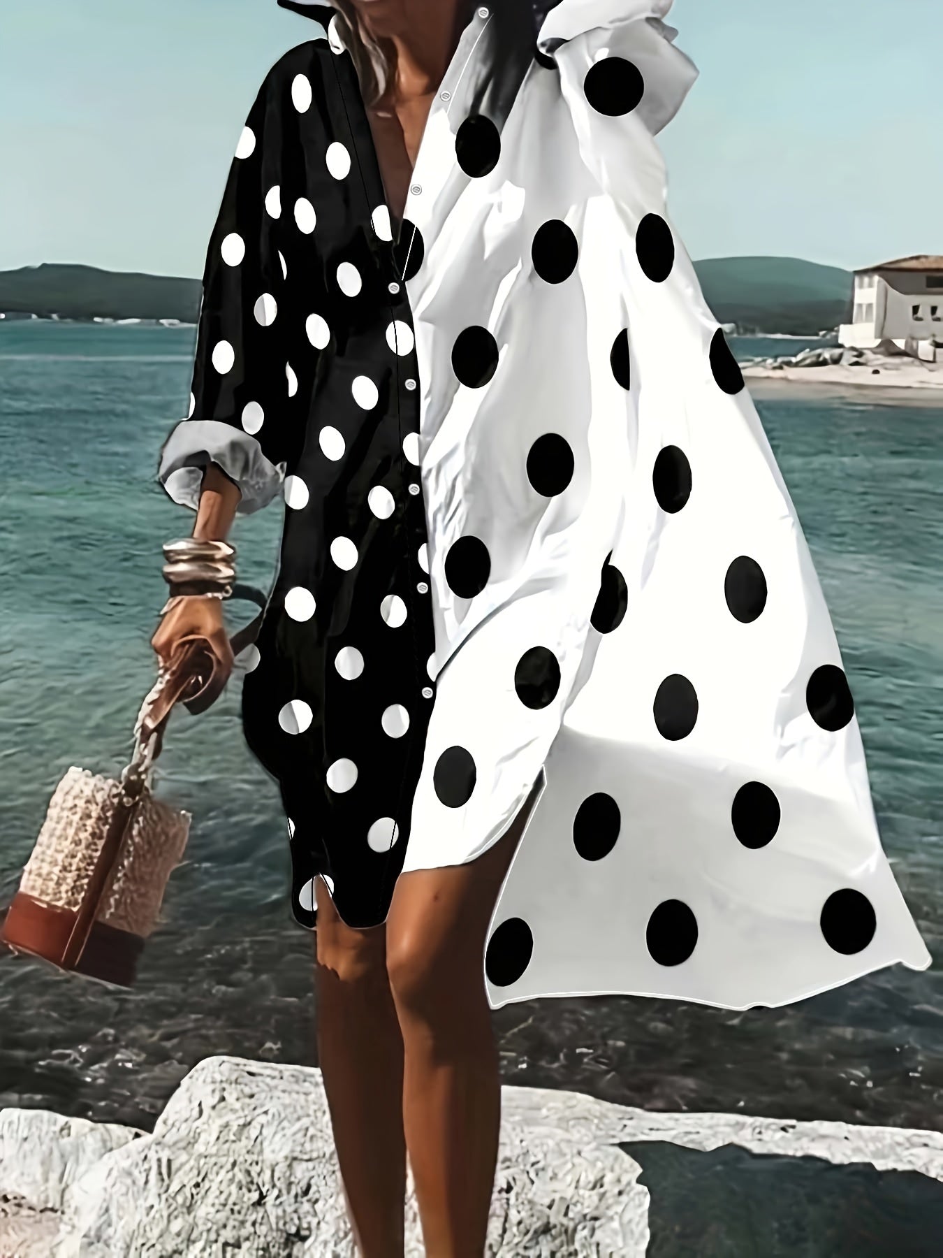  Colorblock Dot Print Long Sleeve Shirt Dress