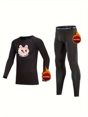 2pcs Kids Compression Fleece Sets - Cartoon Pattern Crew Neck Pullover & Elastic