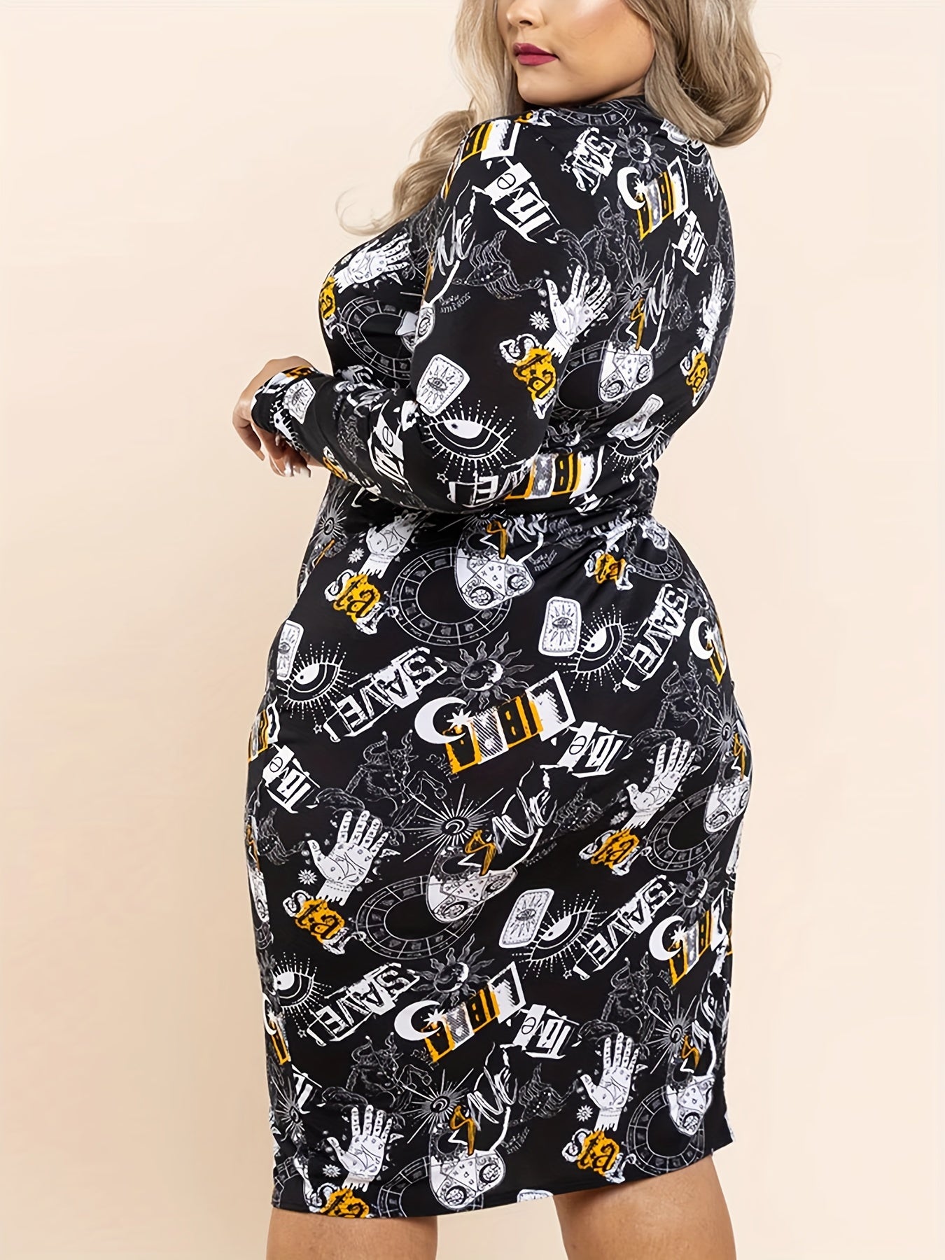  Graffiti Print Long Sleeve Bodycon Midi Dress