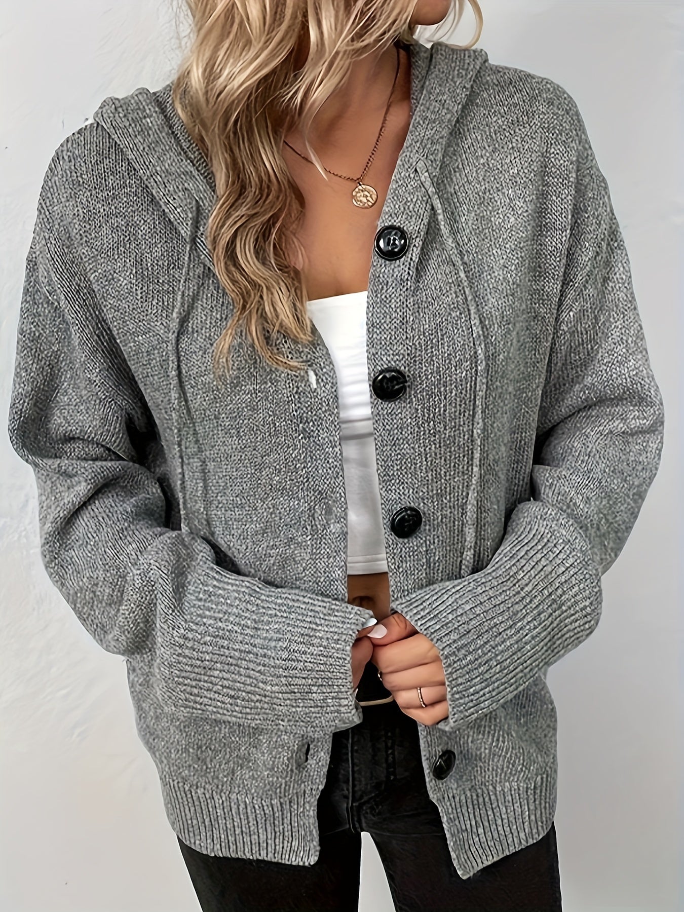  Solid Button Up Hooded Cardigan