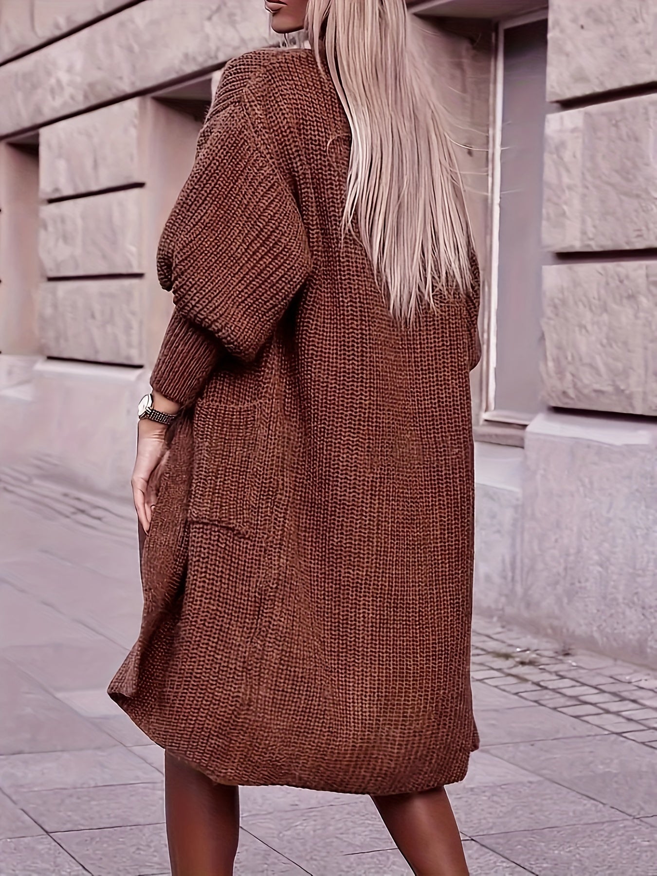  Solid Lantern Sleeve Open Front Cardigan With Pockets