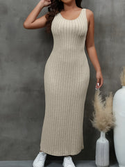  Solid Ribbed Knit Round Neck Tank Sleep Dress