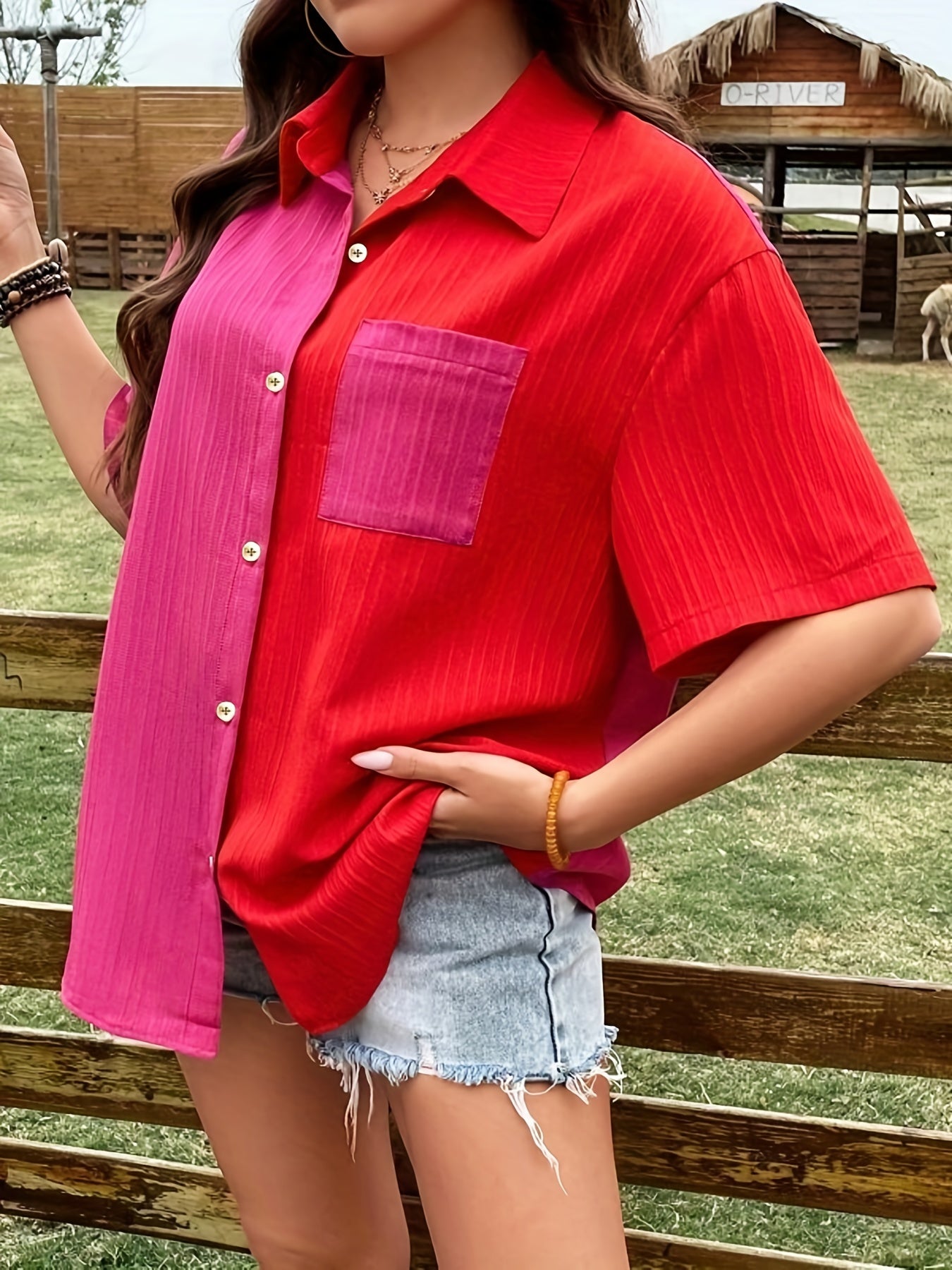  Colorblock Ribbed Short Sleeve Button Up Loose Fit Shirt