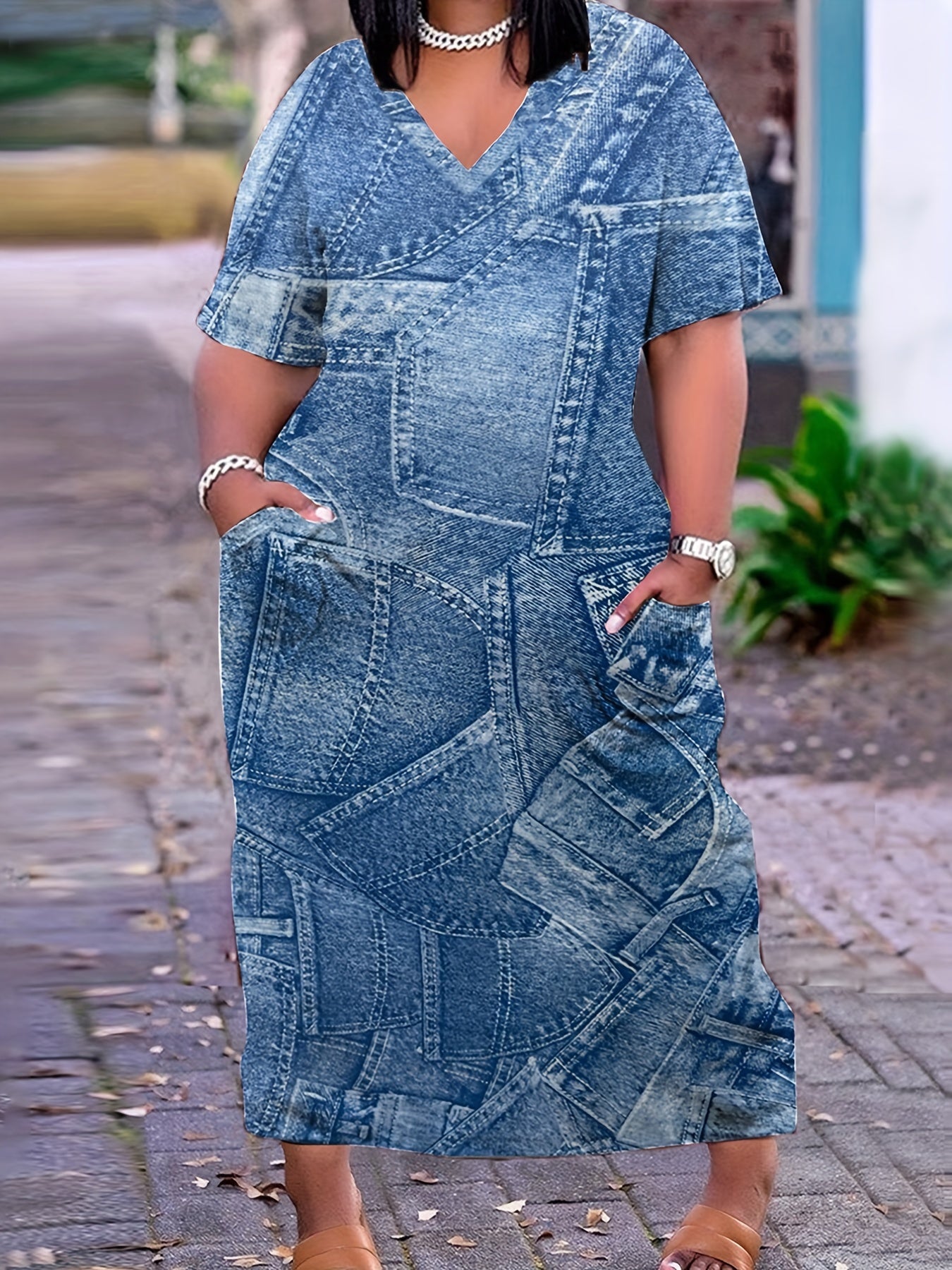  Casual Denim Print Short Sleeve V Neck Dress With Pockets