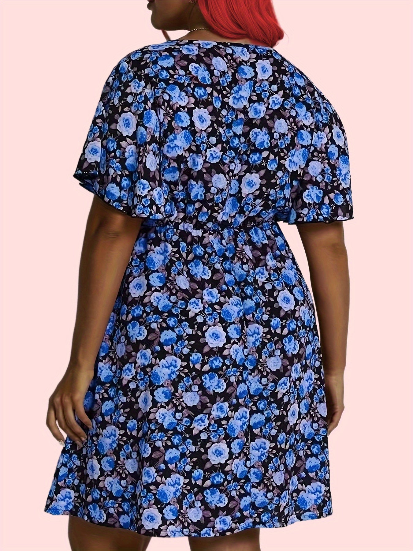  Rose Print Short Sleeve V Neck Dress