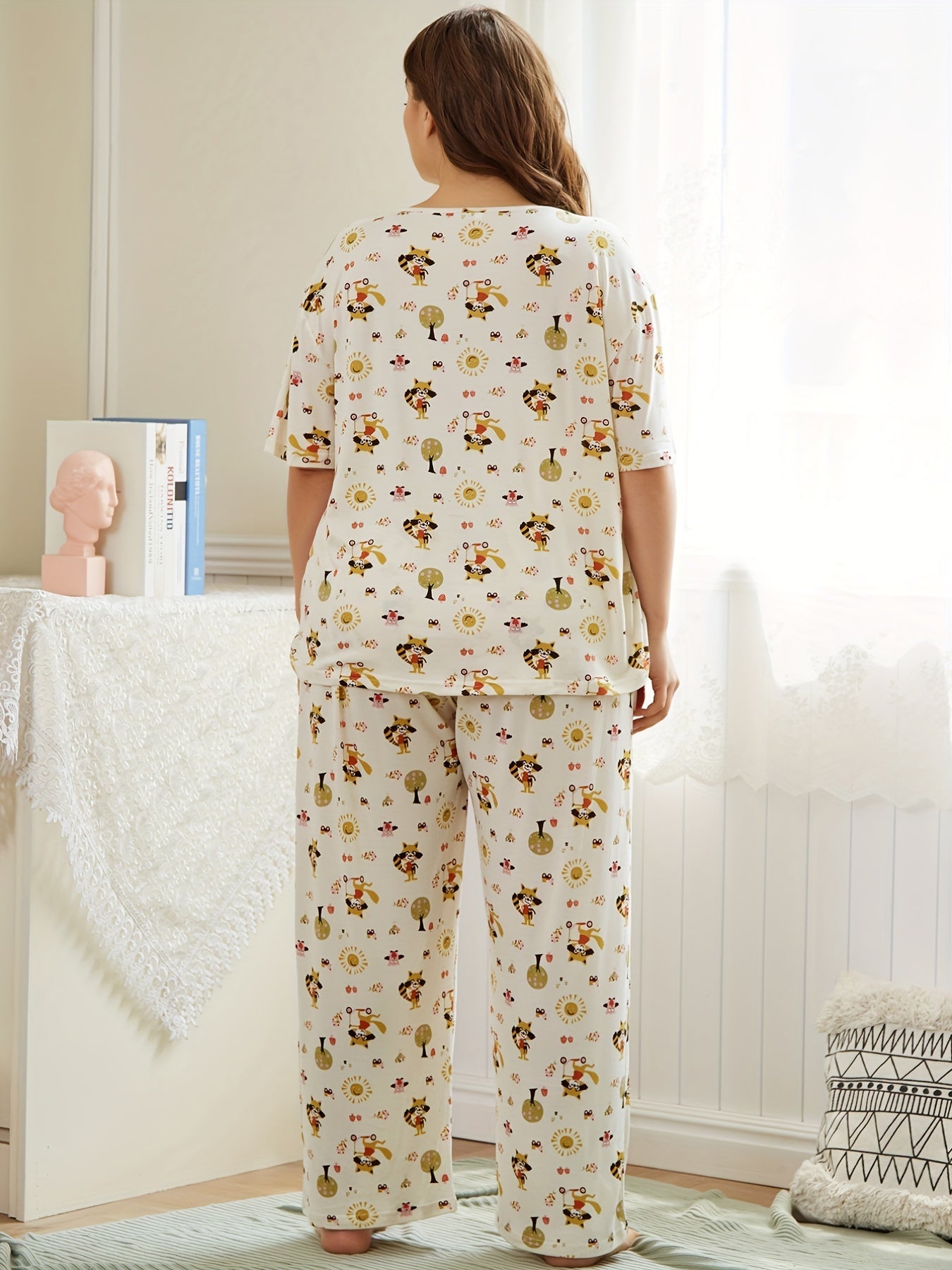  Women's Fox & Trees Print Pajama Set Short Sleeve Top & Pants