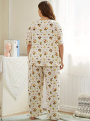 Women's Fox & Trees Print Pajama Set Short Sleeve Top & Pants