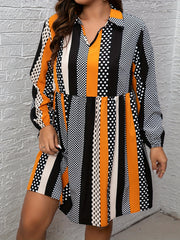  Colorblock Dot Print Long Sleeve Mini Dress