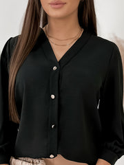  Women's Solid Button Decor Lantern Sleeve V Neck Top