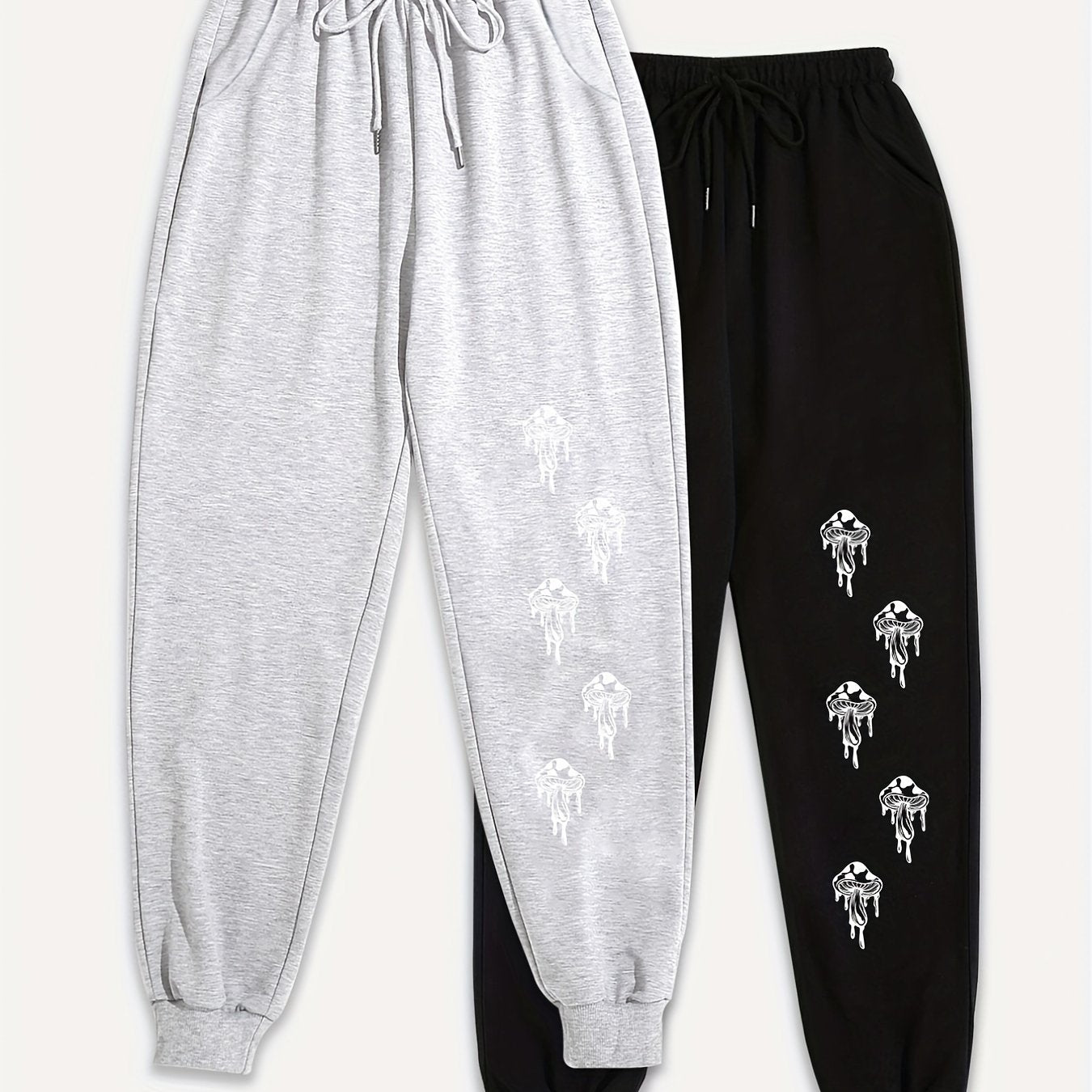 2 Pack Women's Plus Mushroom Print Elastic Drawstring Fitness Joggers Set