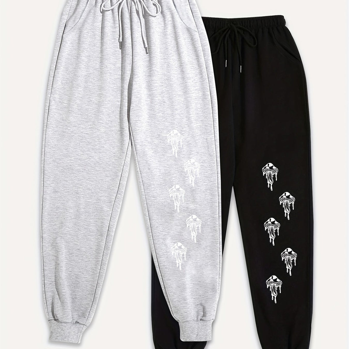 2 Pack Women's Plus Mushroom Print Elastic Drawstring Fitness Joggers Set