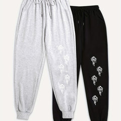2 Pack Women's Plus Mushroom Print Elastic Drawstring Fitness Joggers Set