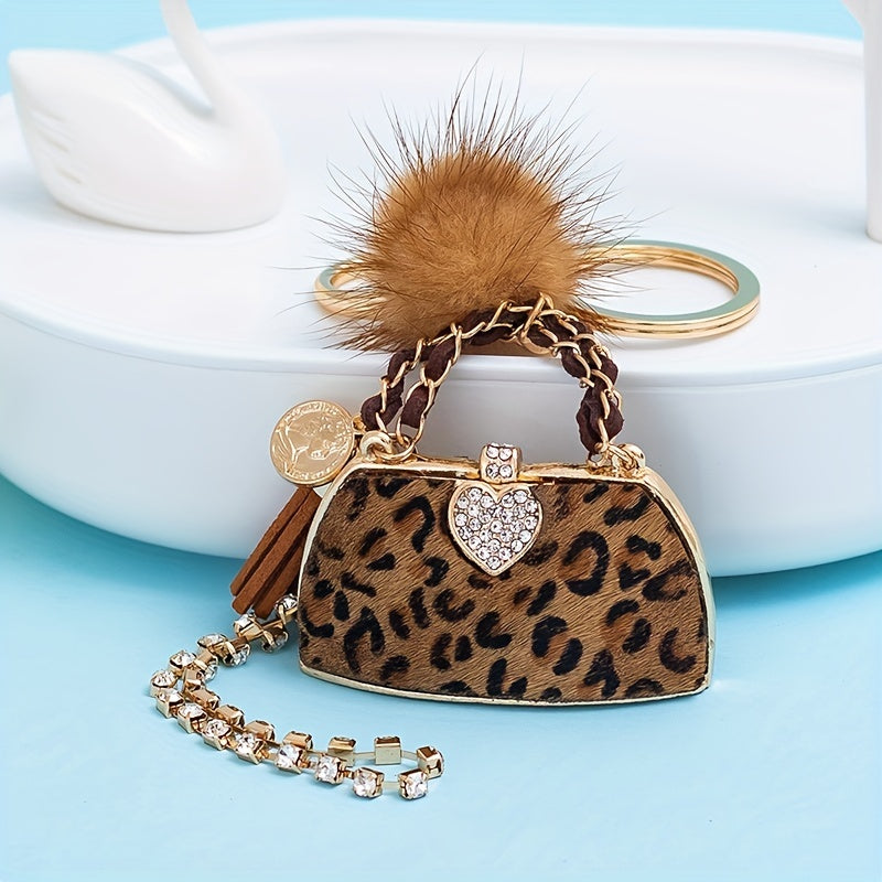 Leopard Bag & Pom Pom Bracelet Keychain Rhinestone Key Ring Purse Charm