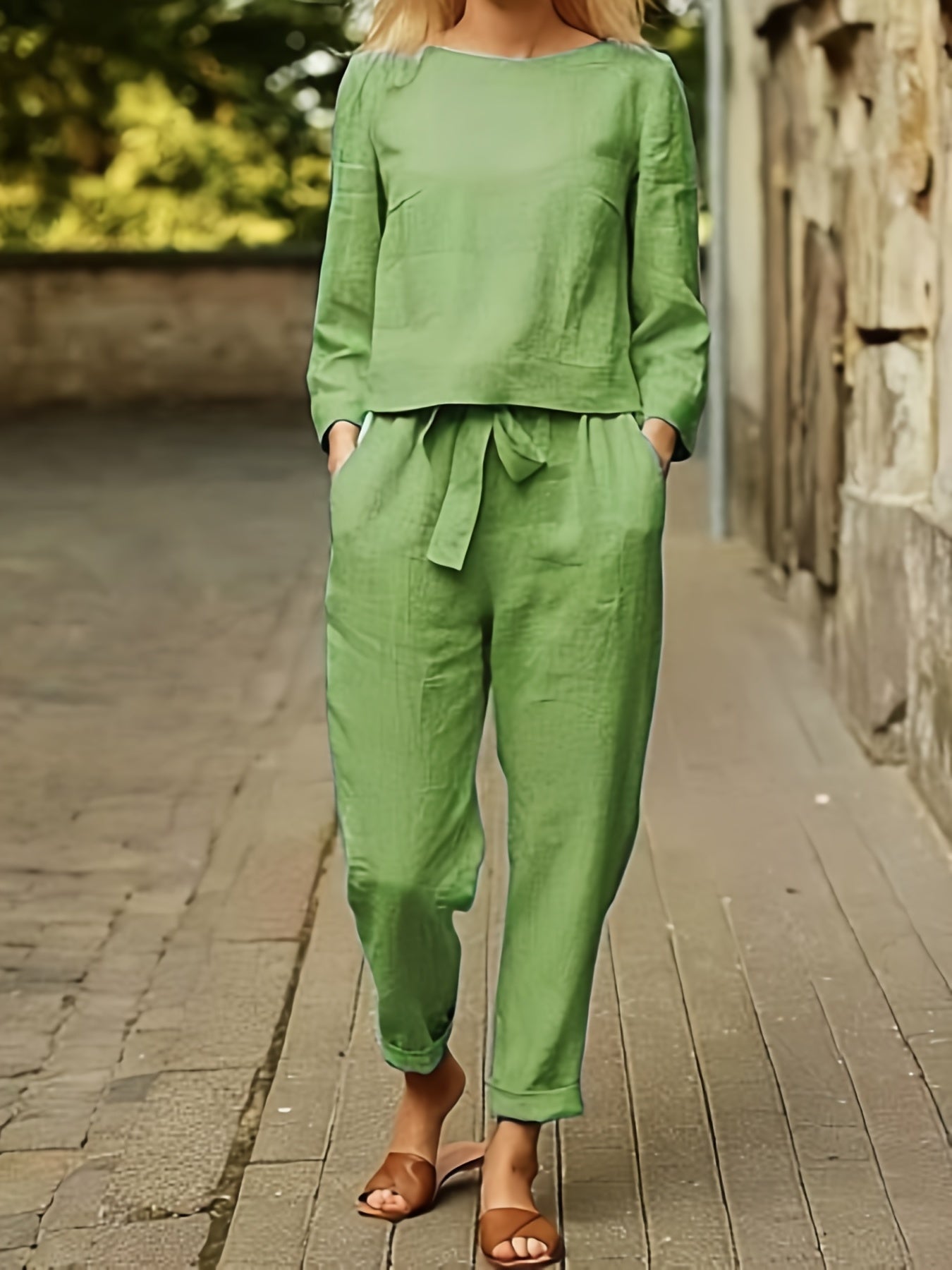 Casual Two Piece Set Solid Long Sleeve Tops & Loose High Waisted Pants