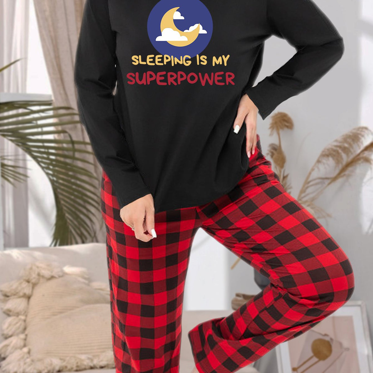  Moon & Letter Graphic Long Sleeve Tee & Plaid Pants Lounge Set