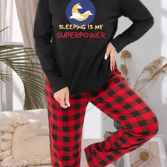 Moon & Letter Graphic Long Sleeve Tee & Plaid Pants Lounge Set