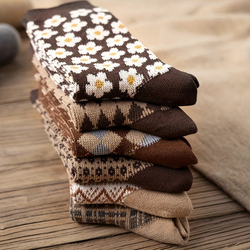 5 Pairs Vintage Pattern Crew Socks for Women