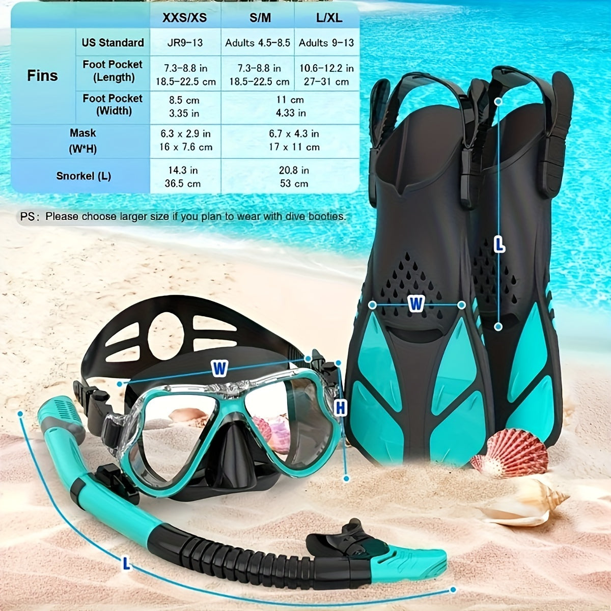 3pcs Diving Set: Goggles, Snorkel, Fins
