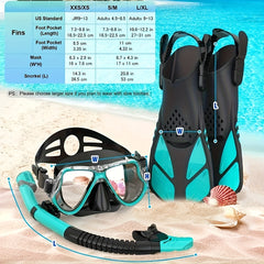 3pcs Diving Set: Goggles, Snorkel, Fins