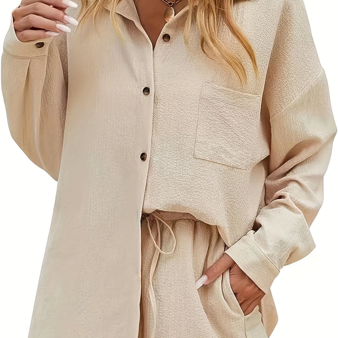  Long Sleeve Button Up Blouse & Shorts Set