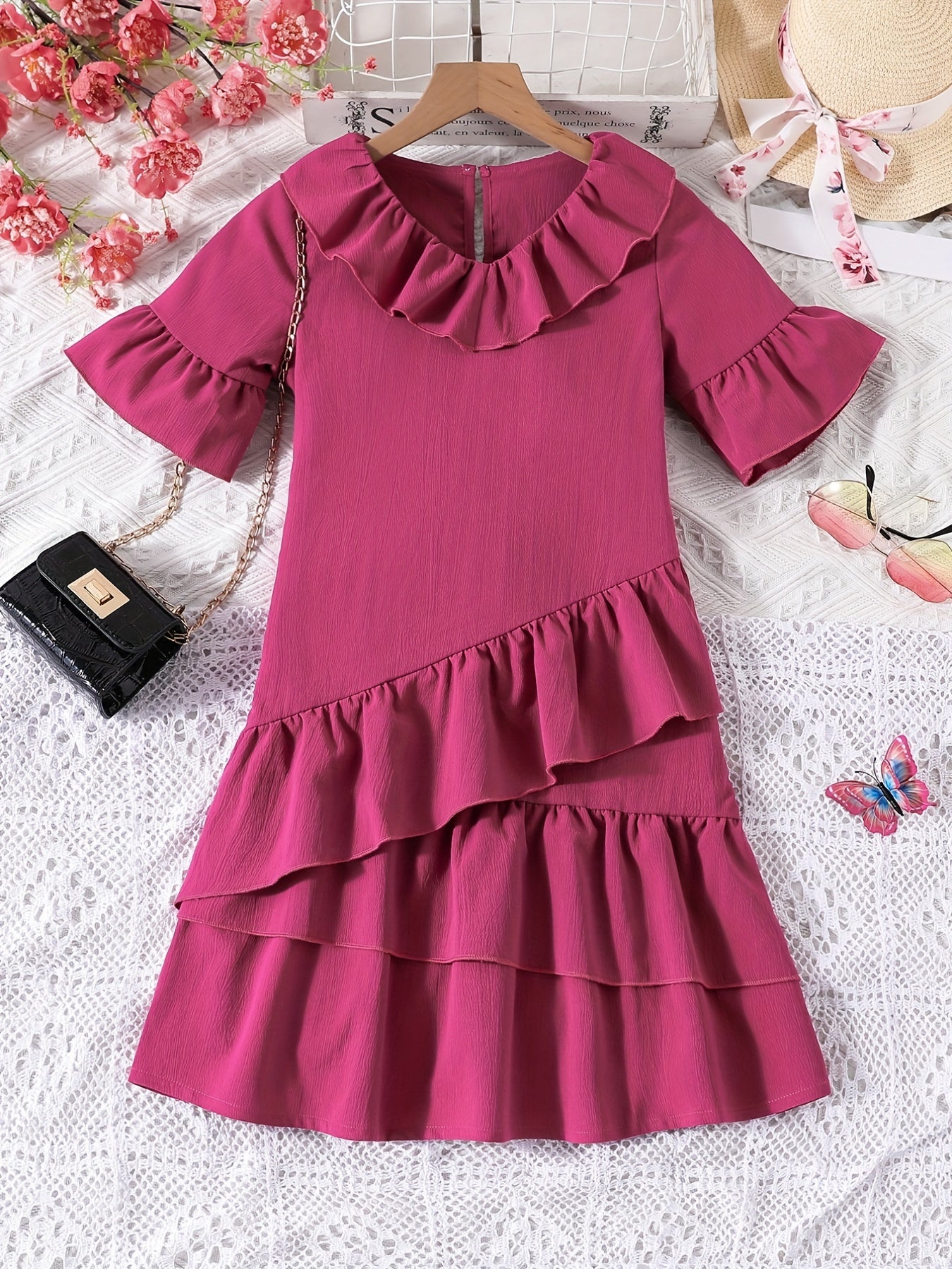 Kid Girls' V-Neck Ruffle Fringes Dress Short Sleeve