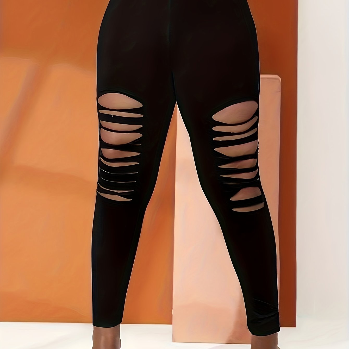  Sports Leggings Women's Plus Solid Ripped High Rise Medium Stretch