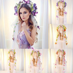 Purple & Green Floral Bridal Headband with Veil