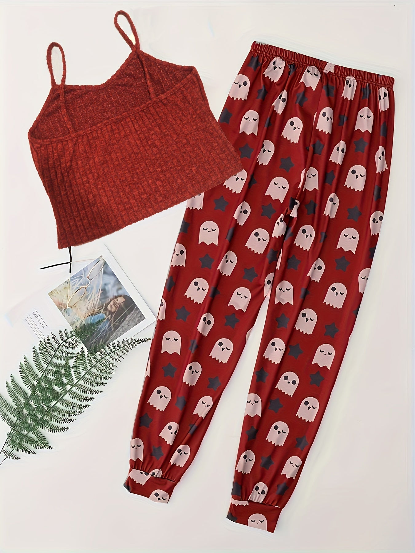  Halloween Pajama Set Women's Ribbed Knit Cami Top & Ghost Print Pants
