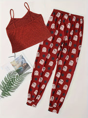  Halloween Pajama Set Women's Ribbed Knit Cami Top & Ghost Print Pants