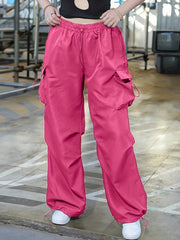 Solid Elastic Drawstring High Rise Cargo Pants