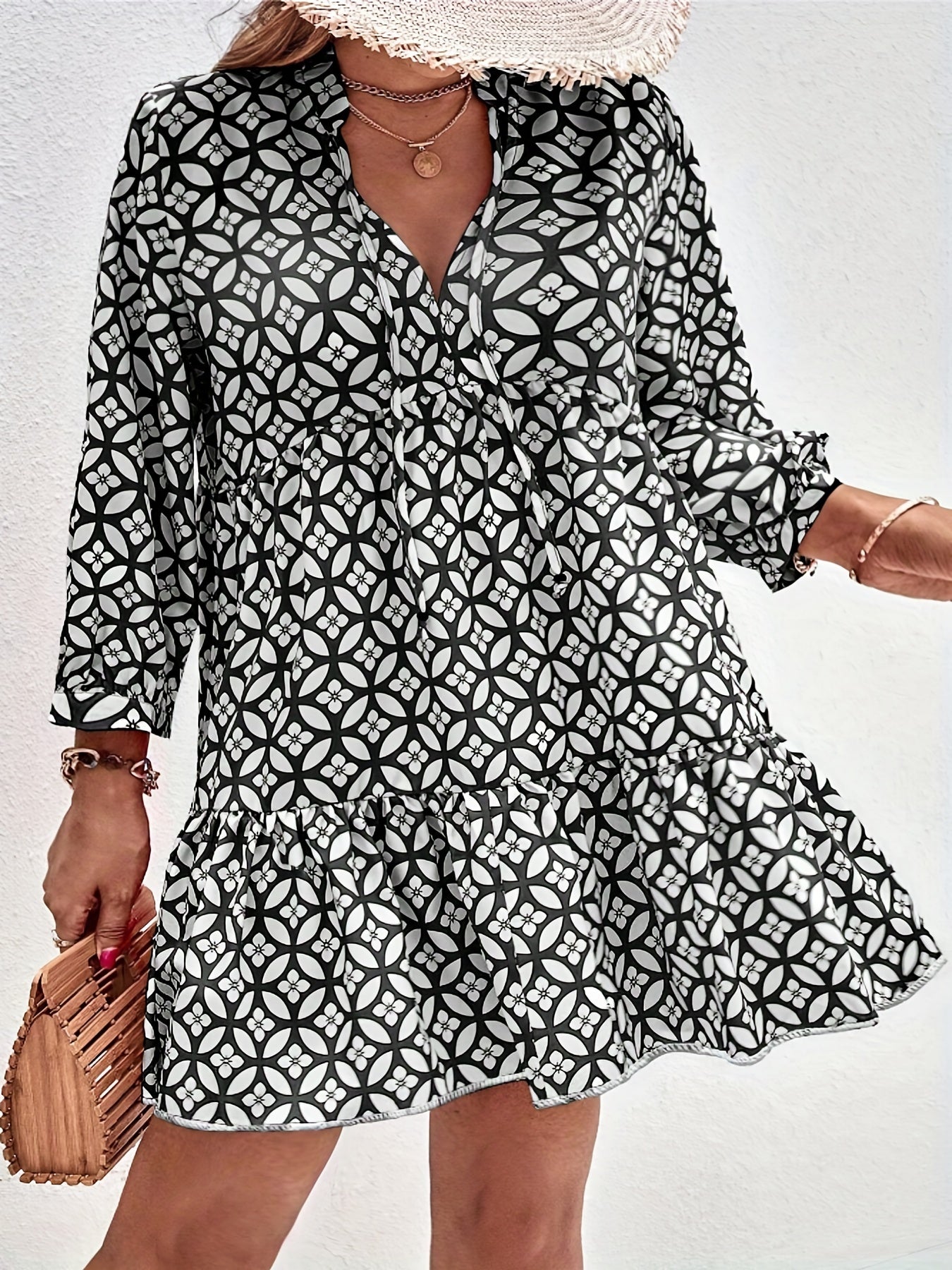  Boho Dress Women's Plus Allover Print Ruffle Trim Long Sleeve