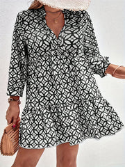  Boho Dress Women's Plus Allover Print Ruffle Trim Long Sleeve