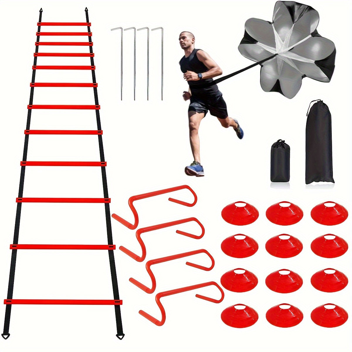 Speed & Agility Training Set - 12 Rung Ladder, Disc Cones, Hurdles
