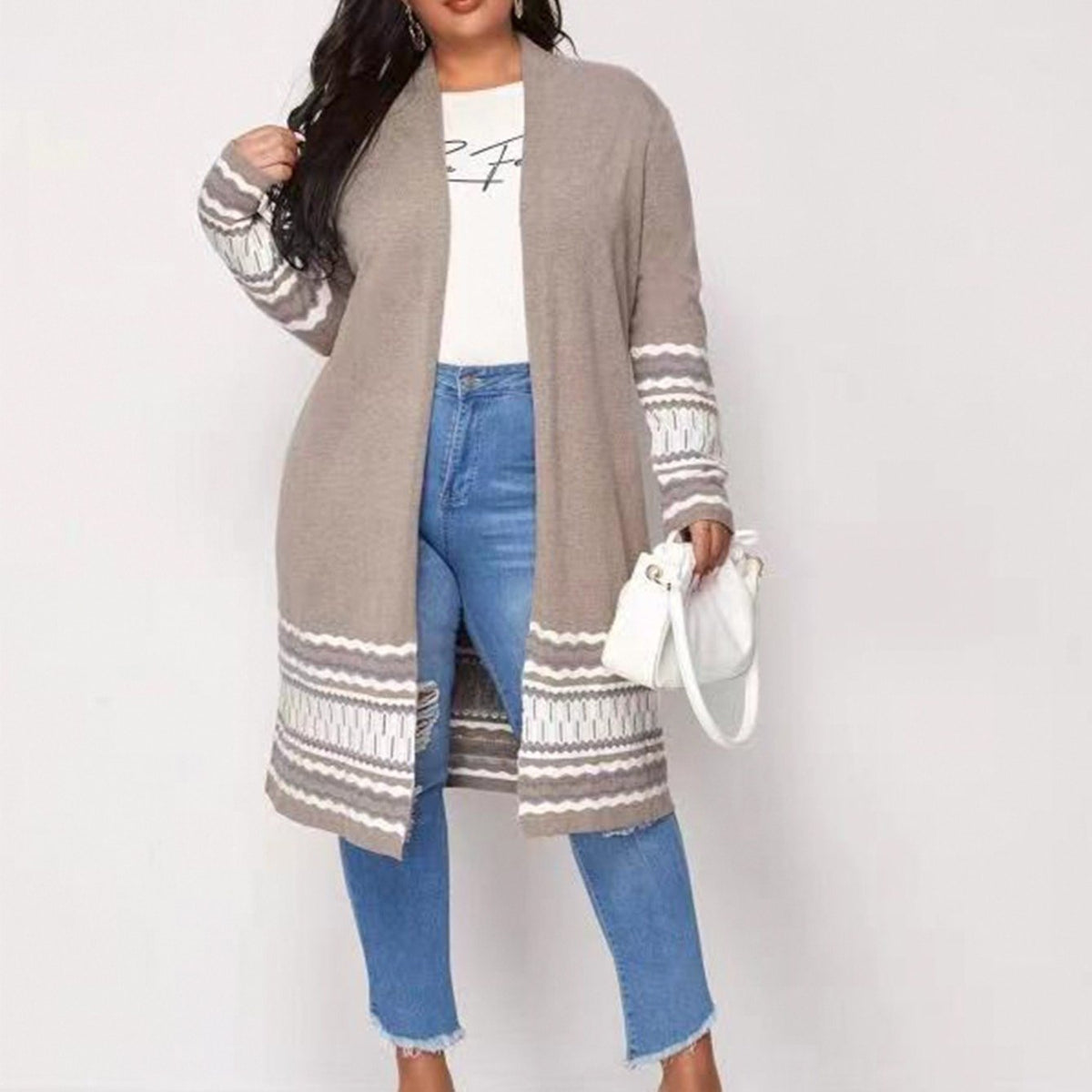  Colorblock Knit High Stretch Sweater Cardigan Women's Plus Long Casual
