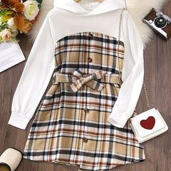 Plaid Hoodie Dress Tween Girls A Line Casual Belted Dress
