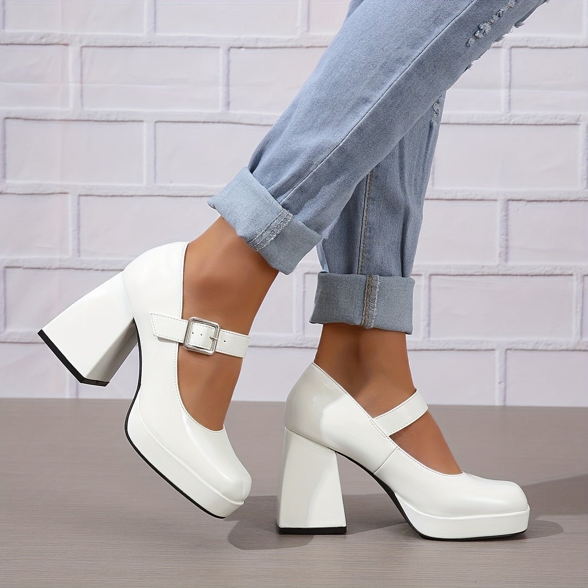 Women's Block Heeled Mary Jane Square Toe High Heels
