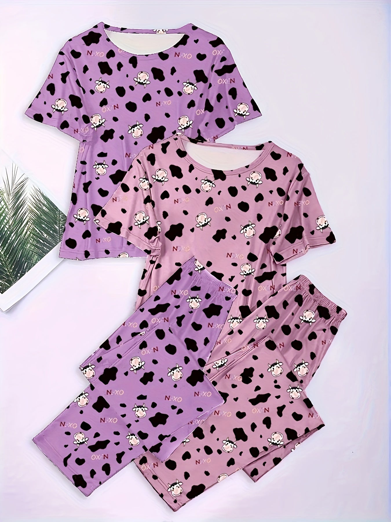 Women's Plus Cow Print Tee & Pants Pajamas 4-Piece Set