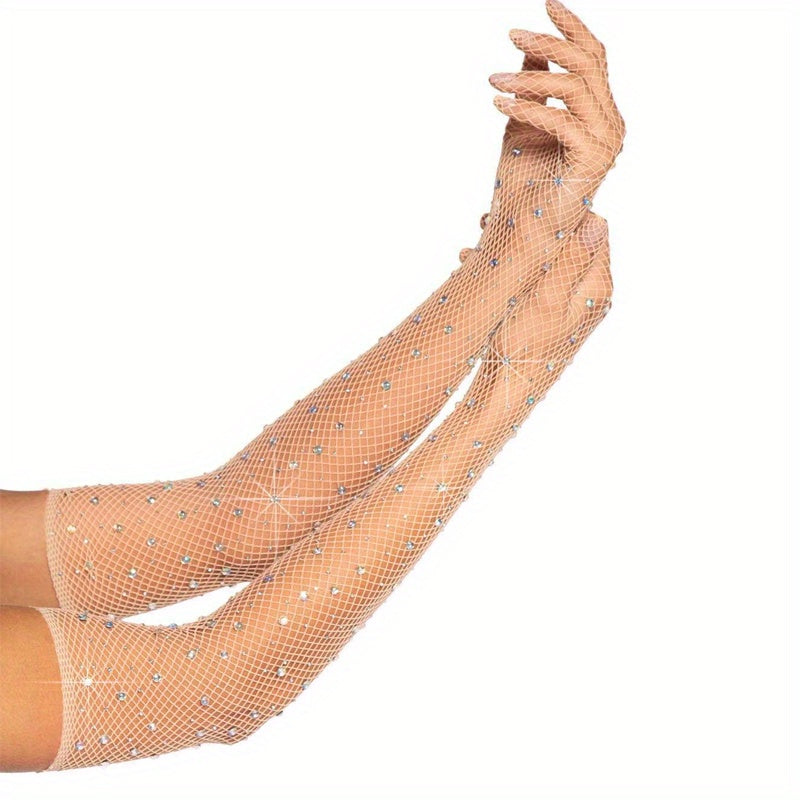 Rhinestone Fishnet Long Gloves for Women