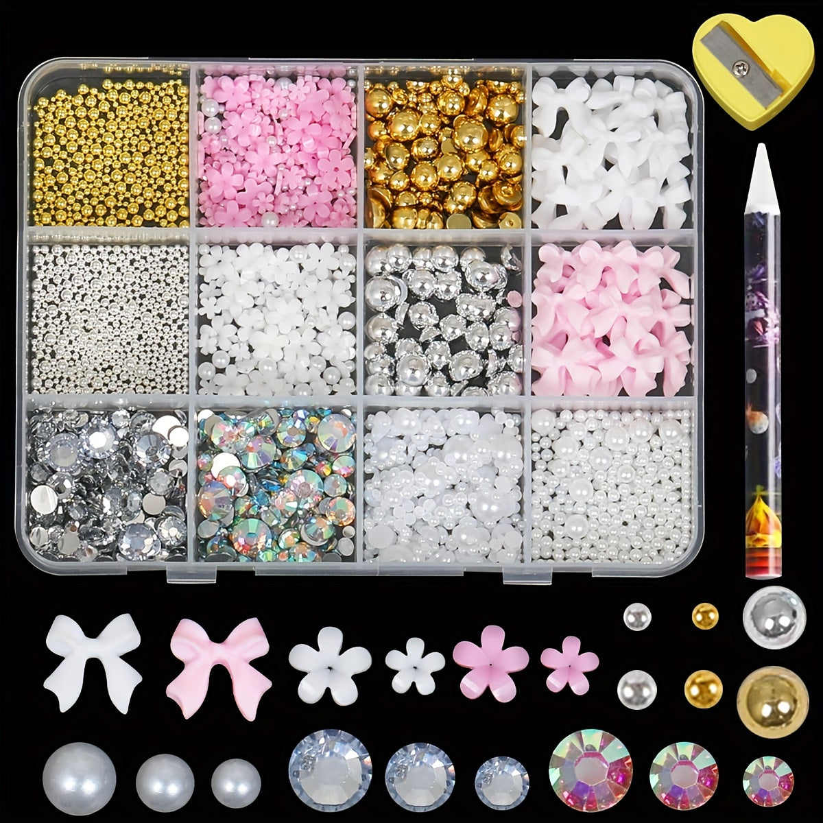 500PCS 3D Nail Art Kit Resin Bows Flat Back Pearls Assorted Shapes DIY Craft