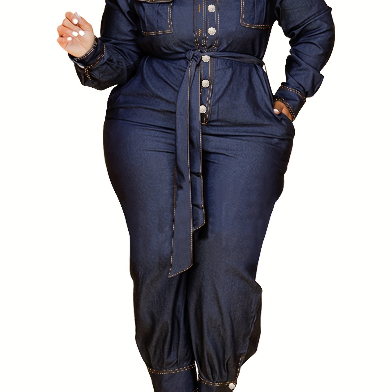  Denim Style Long Sleeve Belted Jumpsuit Women's Plus