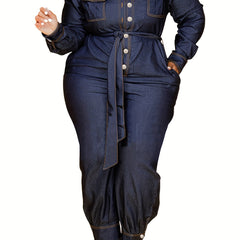  Denim Style Long Sleeve Belted Jumpsuit Women's Plus