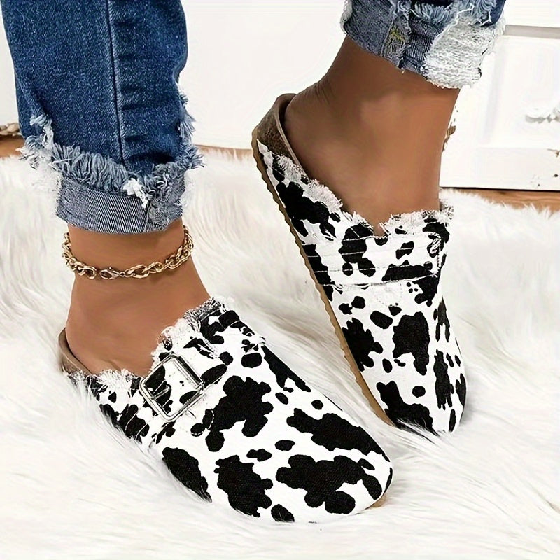 Women's Cow Print Mules Buckle Strap Flat Clogs