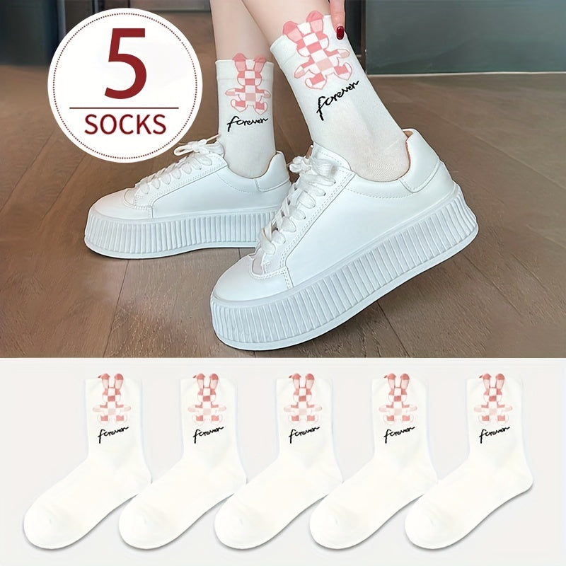 5 Pairs Rabbit Print Socks Women's Mid Tube Stockings