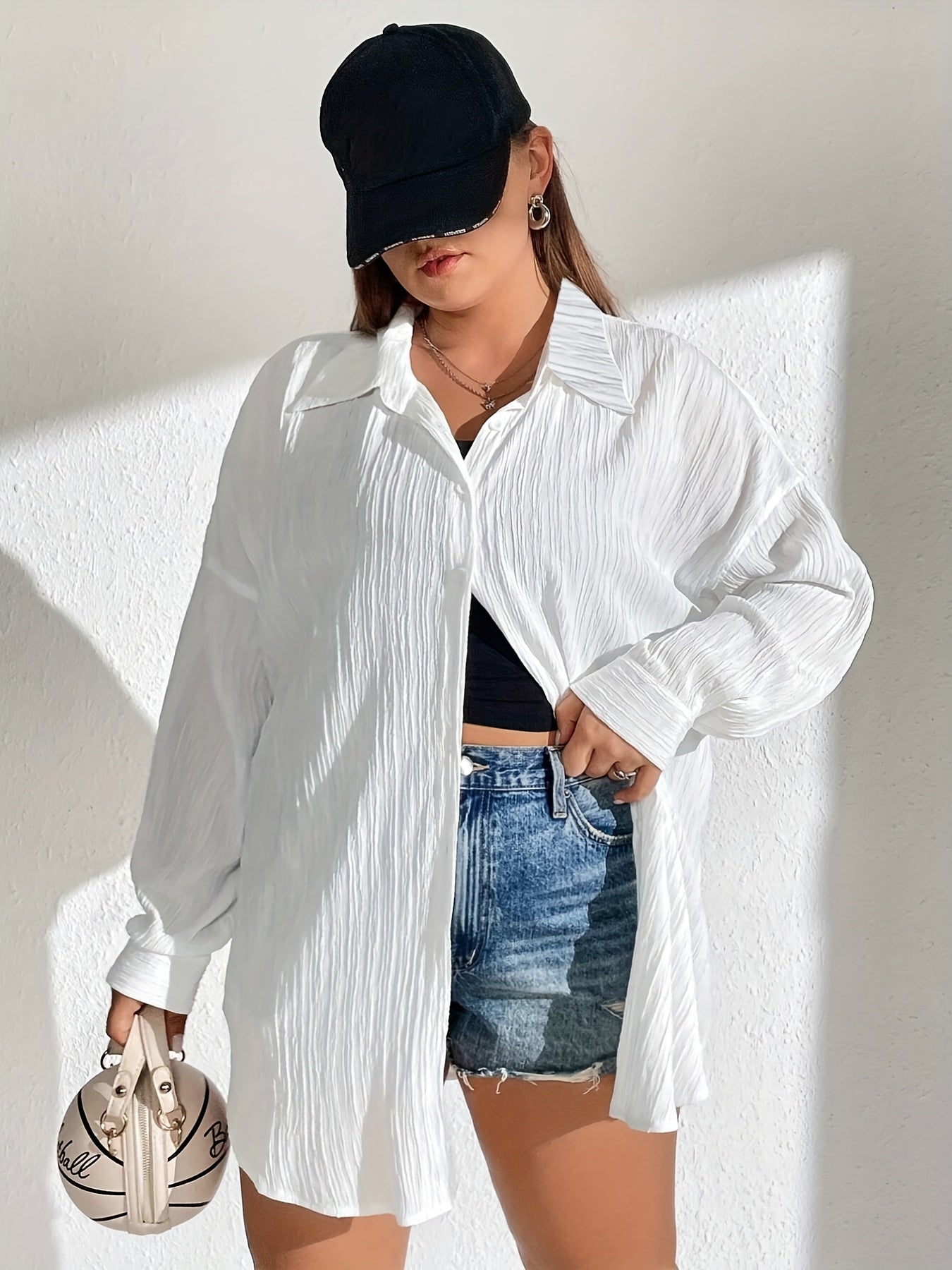  Solid Crinkle Button Up Long Sleeve Blouse